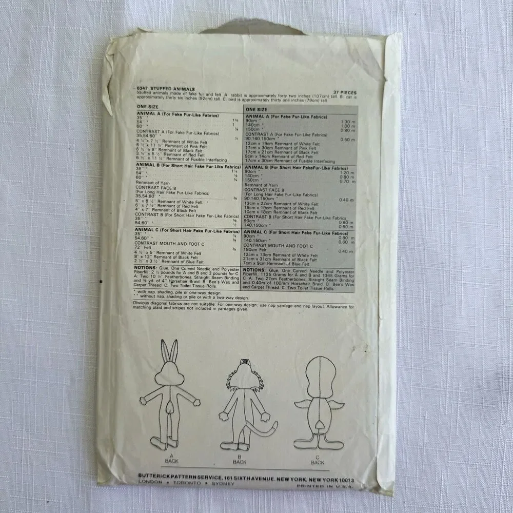 Vtg Butterick 6347 Looney Tunes Stuffed Animals Sylvester Tweety Bird Bugs Bunny